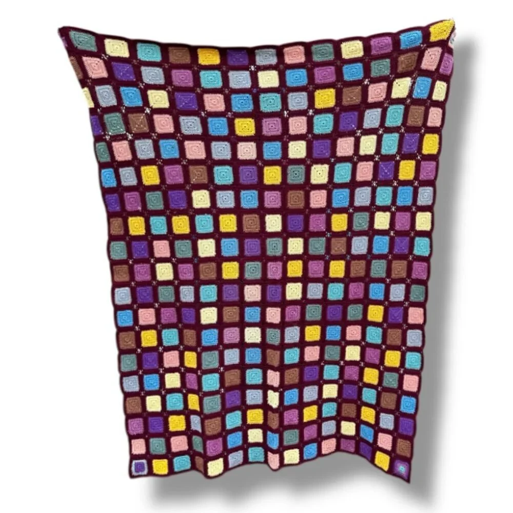 Vintage‎ Burgundy Colorful Granny Square Afghan Blanket Crochet Throw 52